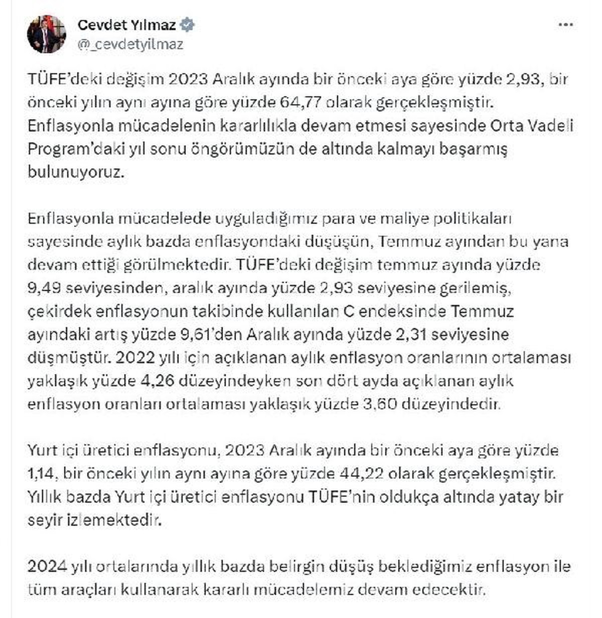 Cevdet Yılmaz: Enflasyonla mücadelemiz kararlılıkla devam edecek
