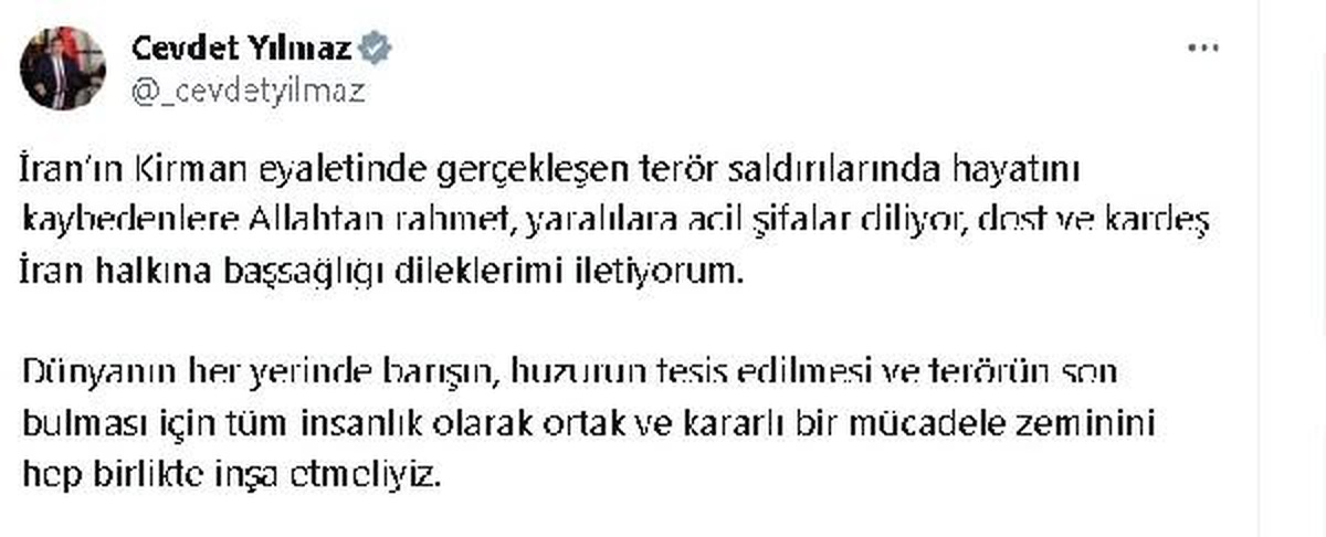 Cevdet Yılmaz\'dan İran\'daki Terör Saldırısına Taziye Mesajı