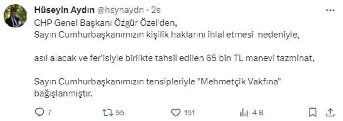 Cumhurbaşkanı Erdoğan, CHP Genel Başkanı Özgür Özel'den kazandığı tazminatı Mehmetçik Vakfı'na bağışladı