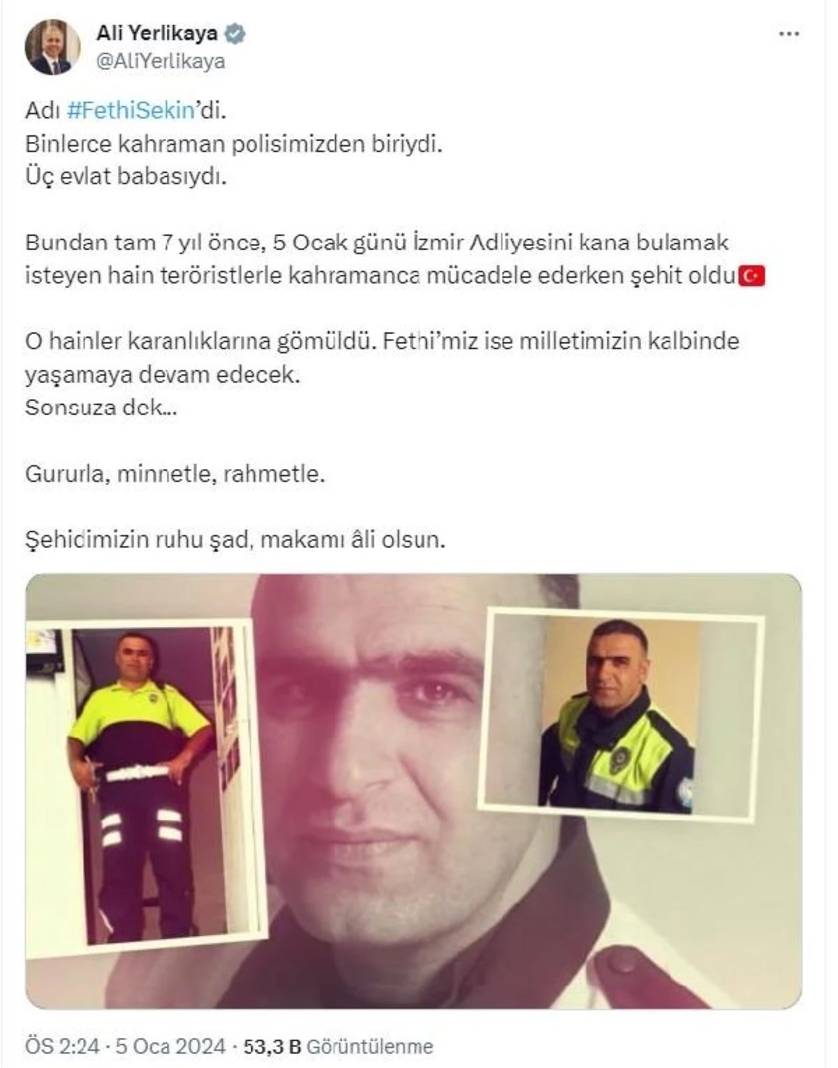 İçişleri Bakanı Ali Yerlikaya, Şehit Polis Fethi Sekin\'i Anma Mesajı Yayınladı