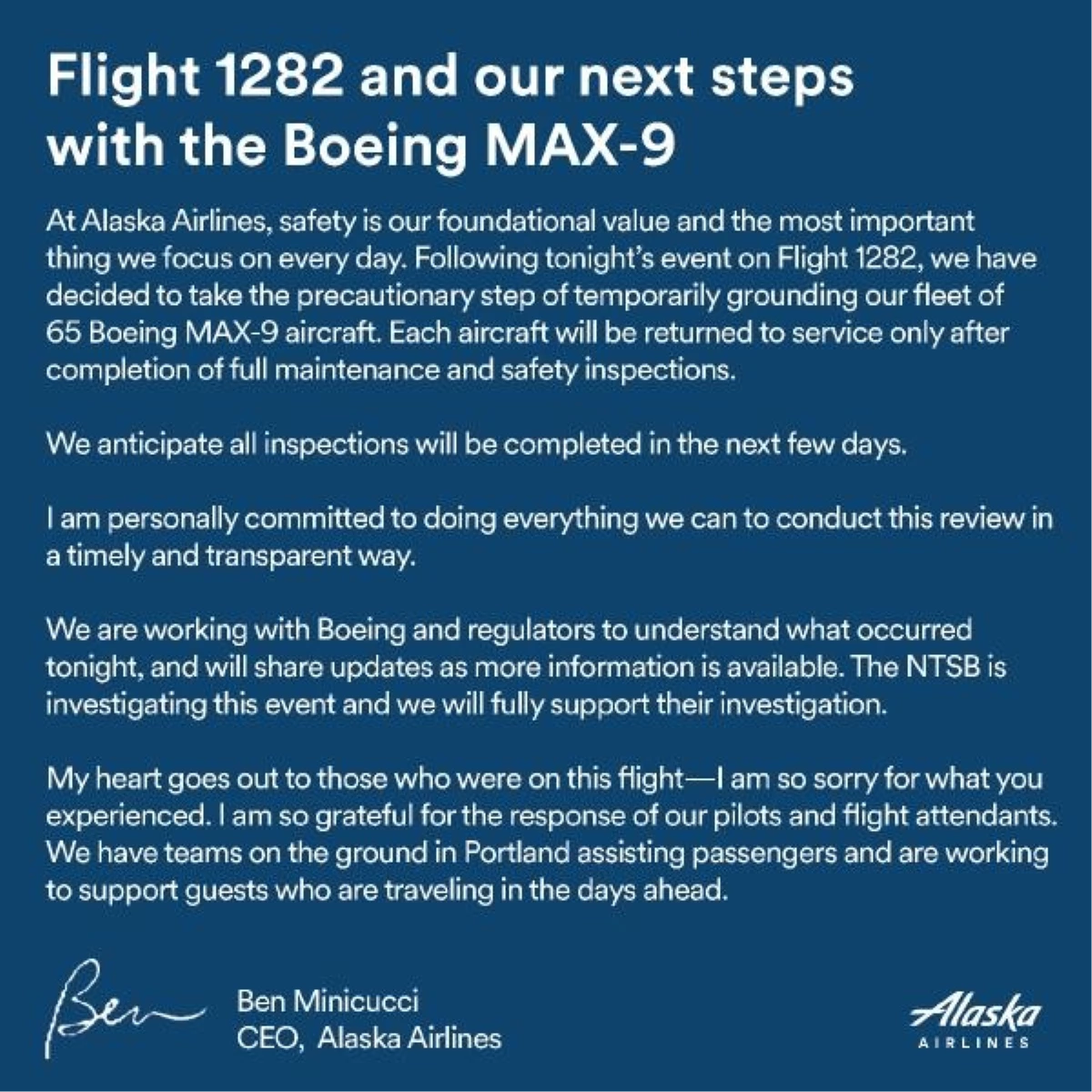 Alaska Havayolları, Boeing 737 Max 9 uçaklarını geçici olarak yere indirdi