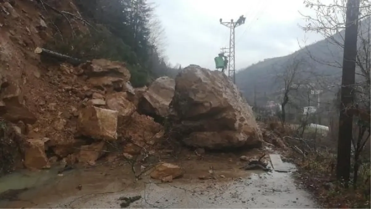 Artvin'de heyelan sonucu yolu kapatan dev kayalar temizleniyor