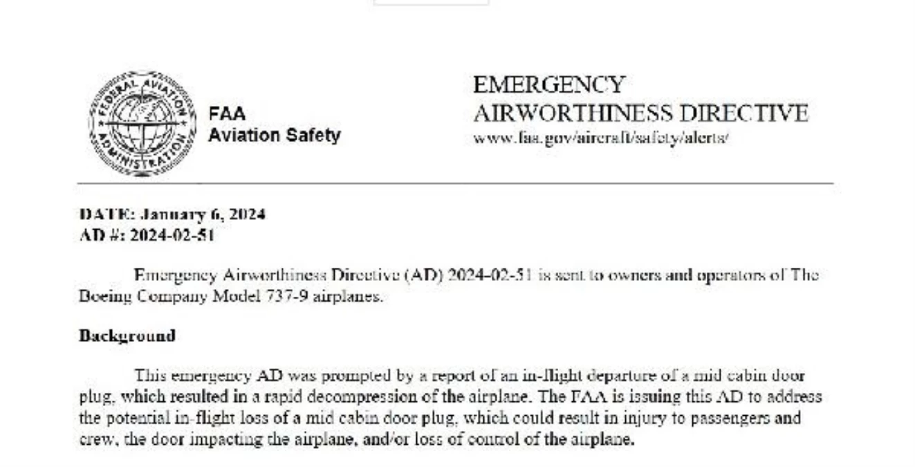 ABD FAA, Alaska Havayolları\'na ait uçağın kabin kapısının kopması sonucu 171 Boeing 737 Max 9 uçağının kullanımını askıya aldı