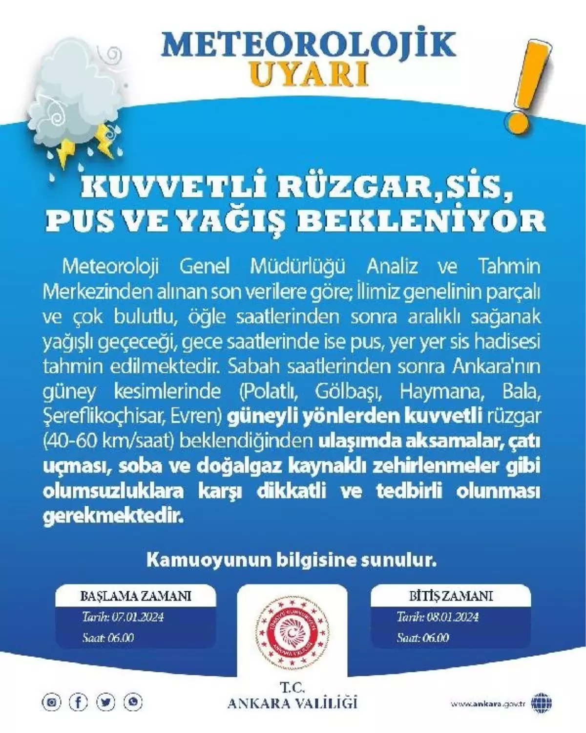 Ankara Valiliği, Güney Kesimlerde Kuvvetli Rüzgar Uyarısı Yaptı