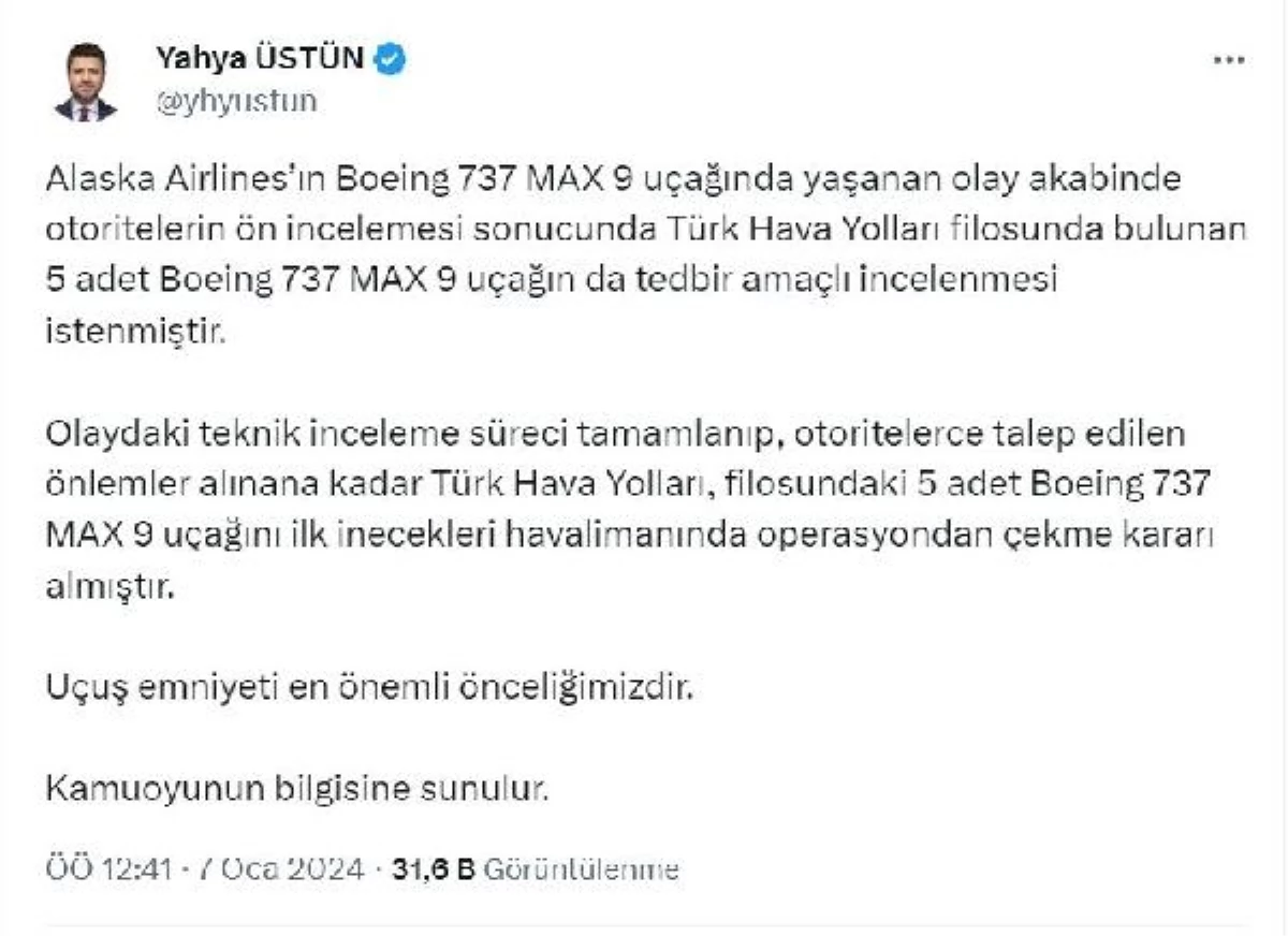 THY, Boeing 737 MAX 9 uçaklarını tedbir amaçlı olarak yere indirdi
