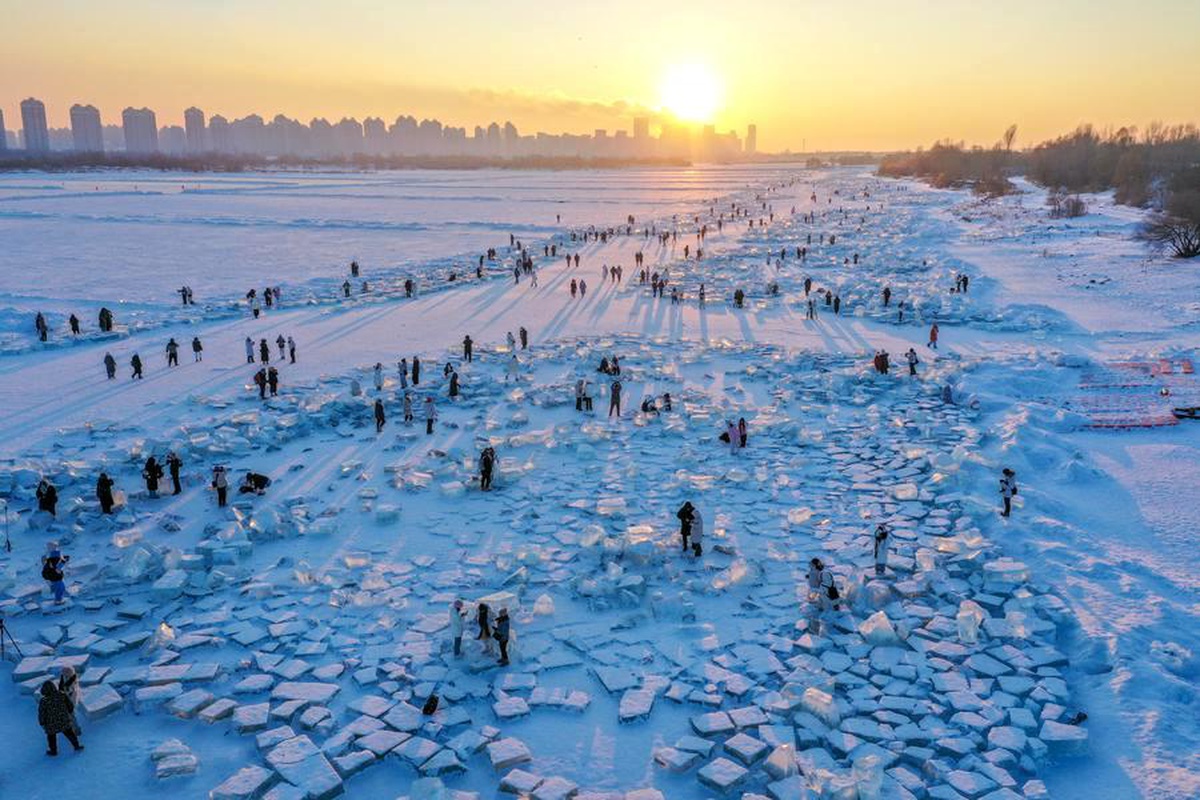 Çin\'in Harbin şehrinde buz toplama alanı eğlence noktasına dönüştü