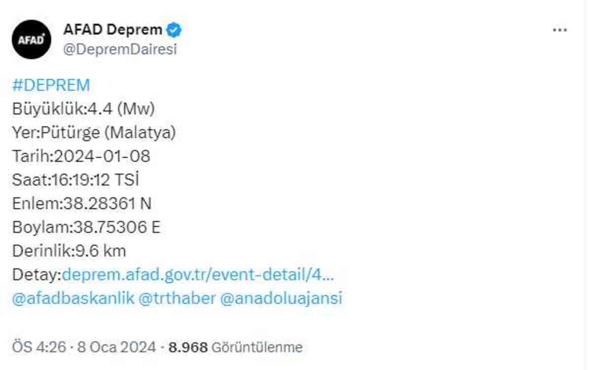 Malatya'da 4.4 büyüklüğünde deprem meydana geldi