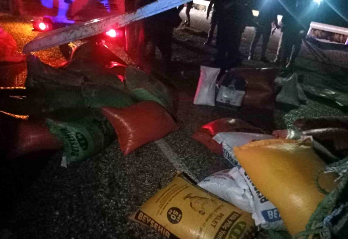Manavgat\'ta yem yüklü kamyonun yan yatması sonucu 3 kişi yaralandı