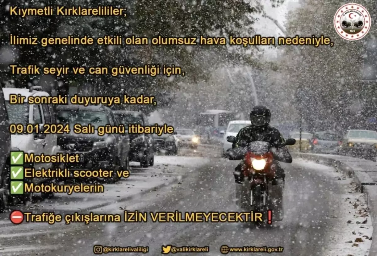 Kırklareli\'de Olumsuz Hava Şartları Nedeniyle Motosiklet ve Elektrikli Bisiklet Trafiği Yasaklandı