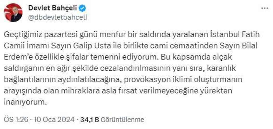 Bah�eli'den, Fatih Camii'ndeki b��akl� sald�r�yla ilgili ilk a��klama: Karanl�k ba�lant�lar ayd�nlat�lacak