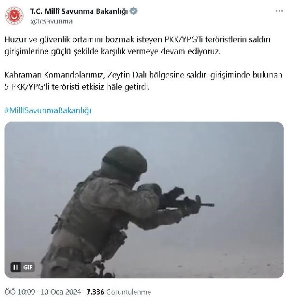 Zeytin Dalı Harekatı bölgesinde 5 PKK/YPG\'li terörist etkisiz hale getirildi
