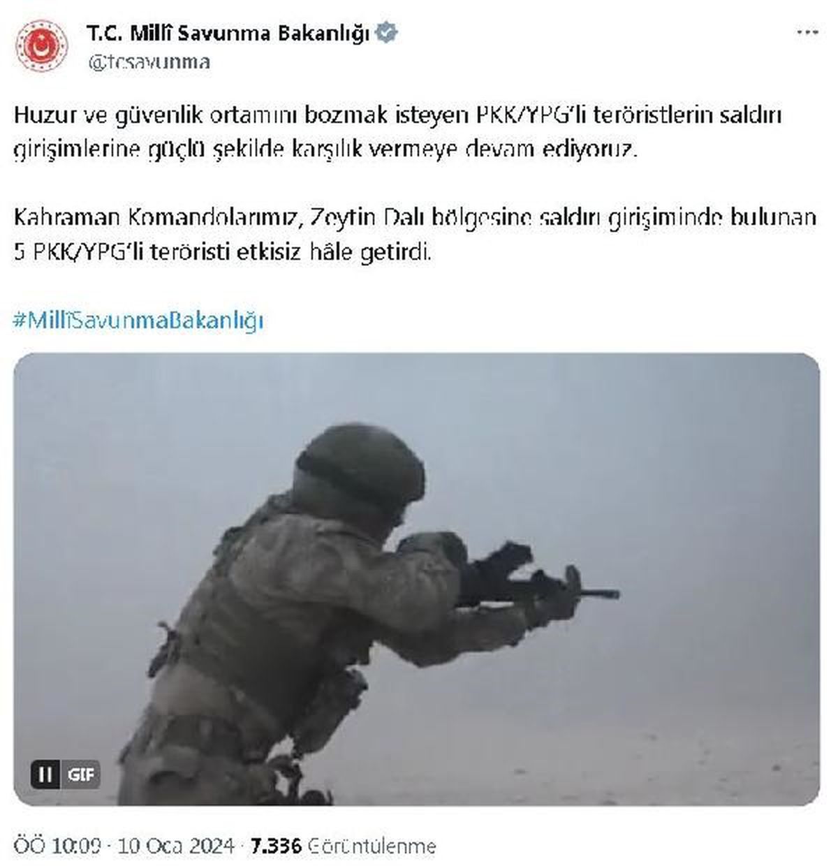 Zeytin Dalı Harekatı bölgesinde 5 PKK/YPG\'li terörist etkisiz hale getirildi