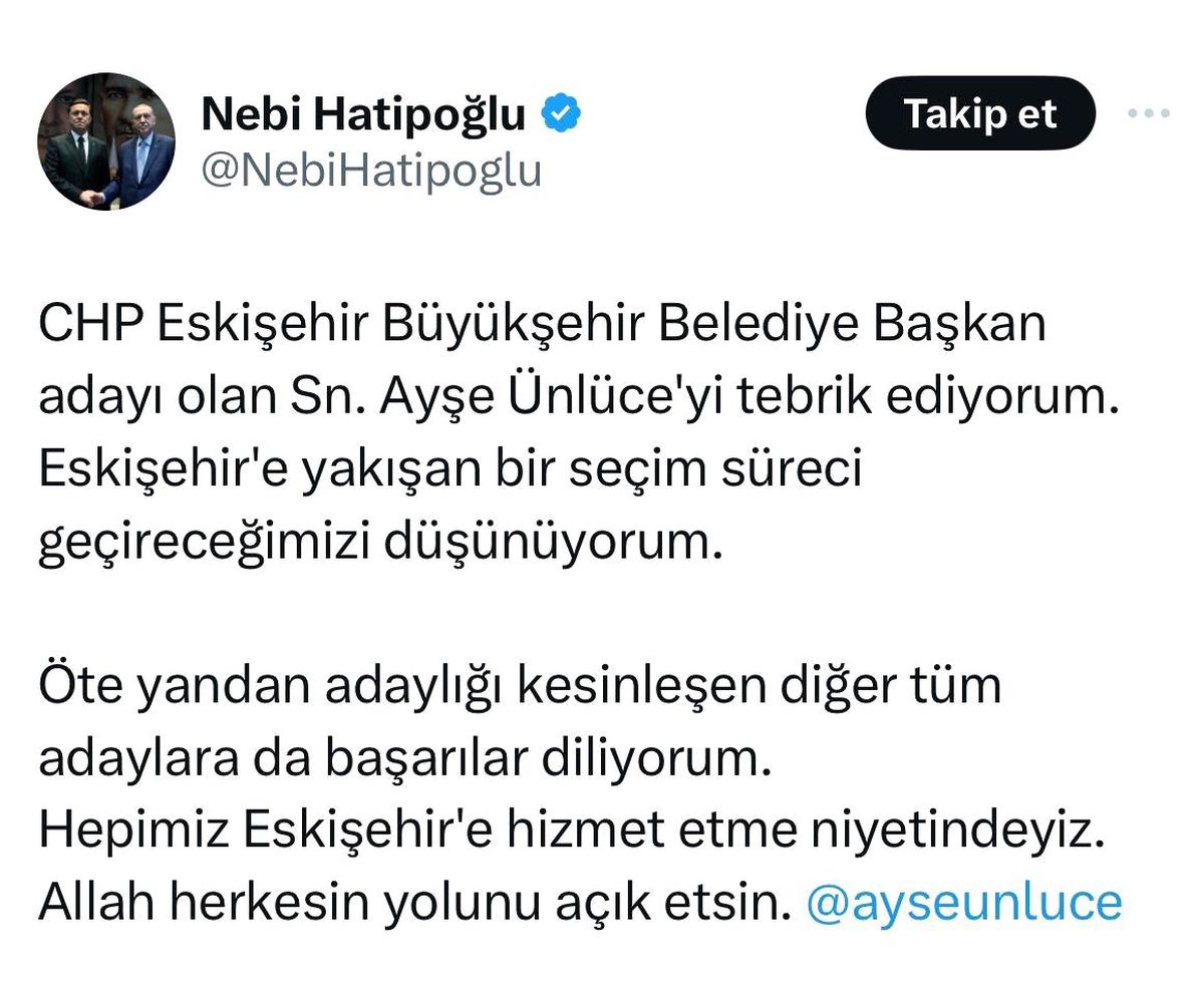 AK Parti Eskişehir Büyükşehir Belediye Başkan Adayı Nebi Hatipoğlu, CHP Eskişehir Büyükşehir Belediye Başkan Adayı Ayşe Ünlüce\'yi tebrik etti