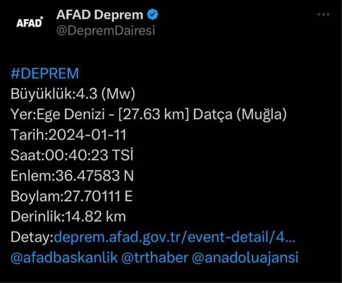 Muğla'nın Datça ilçesi açıklarında 4.3 büyüklüğünde deprem