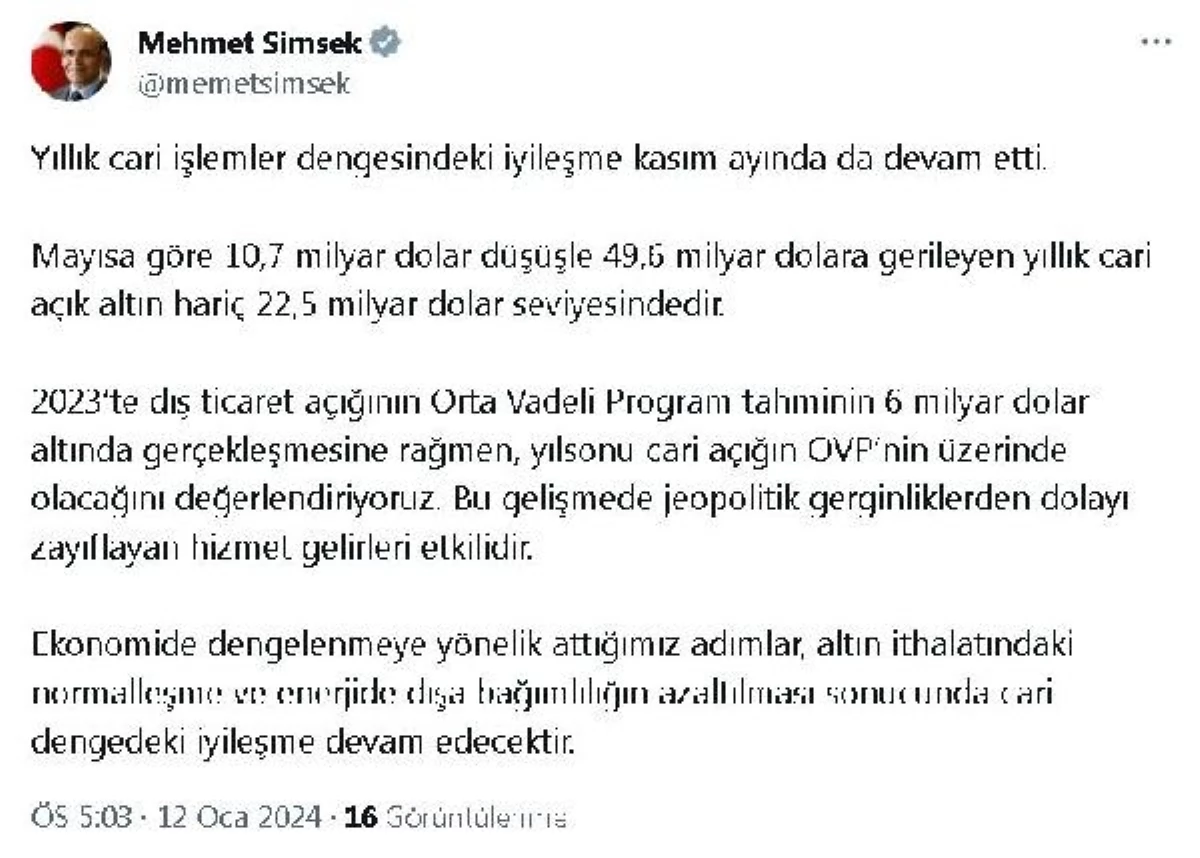 Mehmet Şimşek: Yıllık cari açık düşüş gösterdi