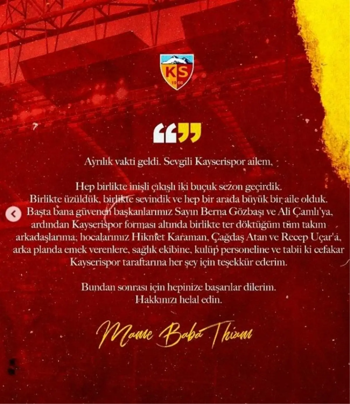 Pendikspor\'a transfer olan Senegalli oyuncu Mame Baba Thiam, Kayserispor\'a veda etti