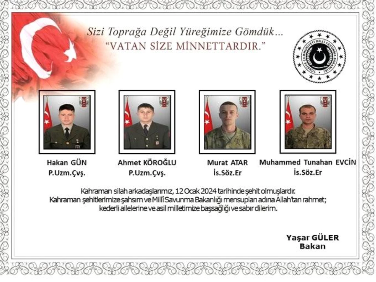 Milli Savunma Bakanı Yaşar Güler\'den şehit askerler için taziye mesajı