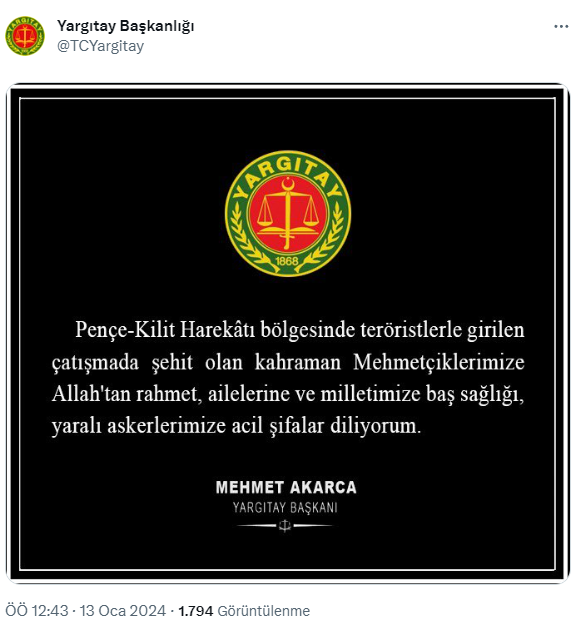 Yargıtay Başkanı Mehmet Akarca'dan şehit askerlerimiz için başsağlığı mesajı