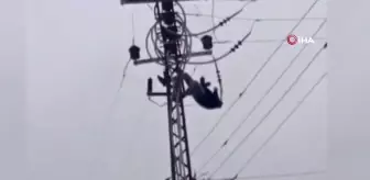 Elektrik direğine çıkan şahıs akıma kapıldı...O anlar kamerada