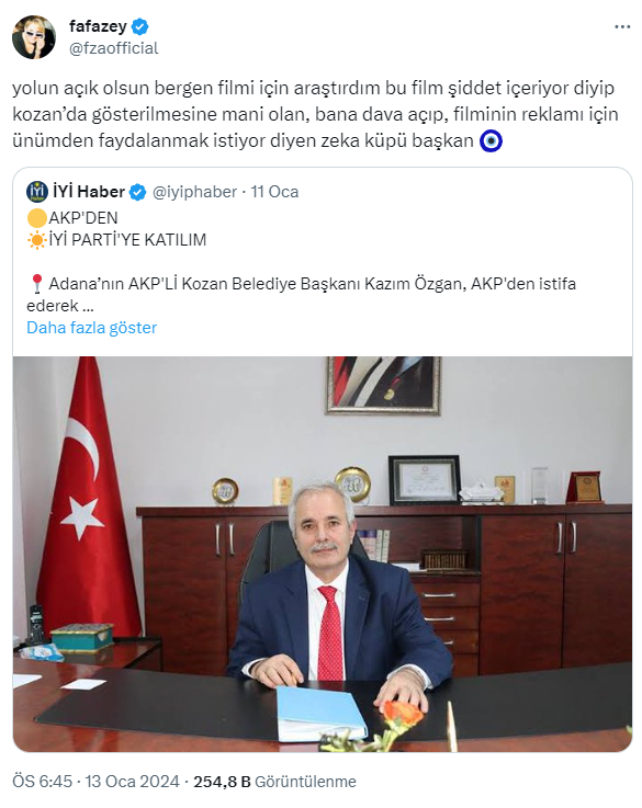 Farah Zeynep Abdullah, AK Parti'den İYİ Parti'ye geçen Kazım Özgan'ı tiye alarak tebrik etti