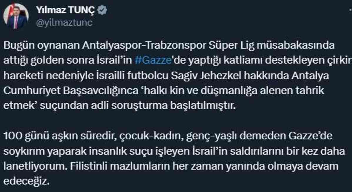 Gol sevinci nedeniyle gözaltına alınan Antalyaspor'un İsrailli futbolcusu Jehezkel'in ifadesi ortaya çıktı