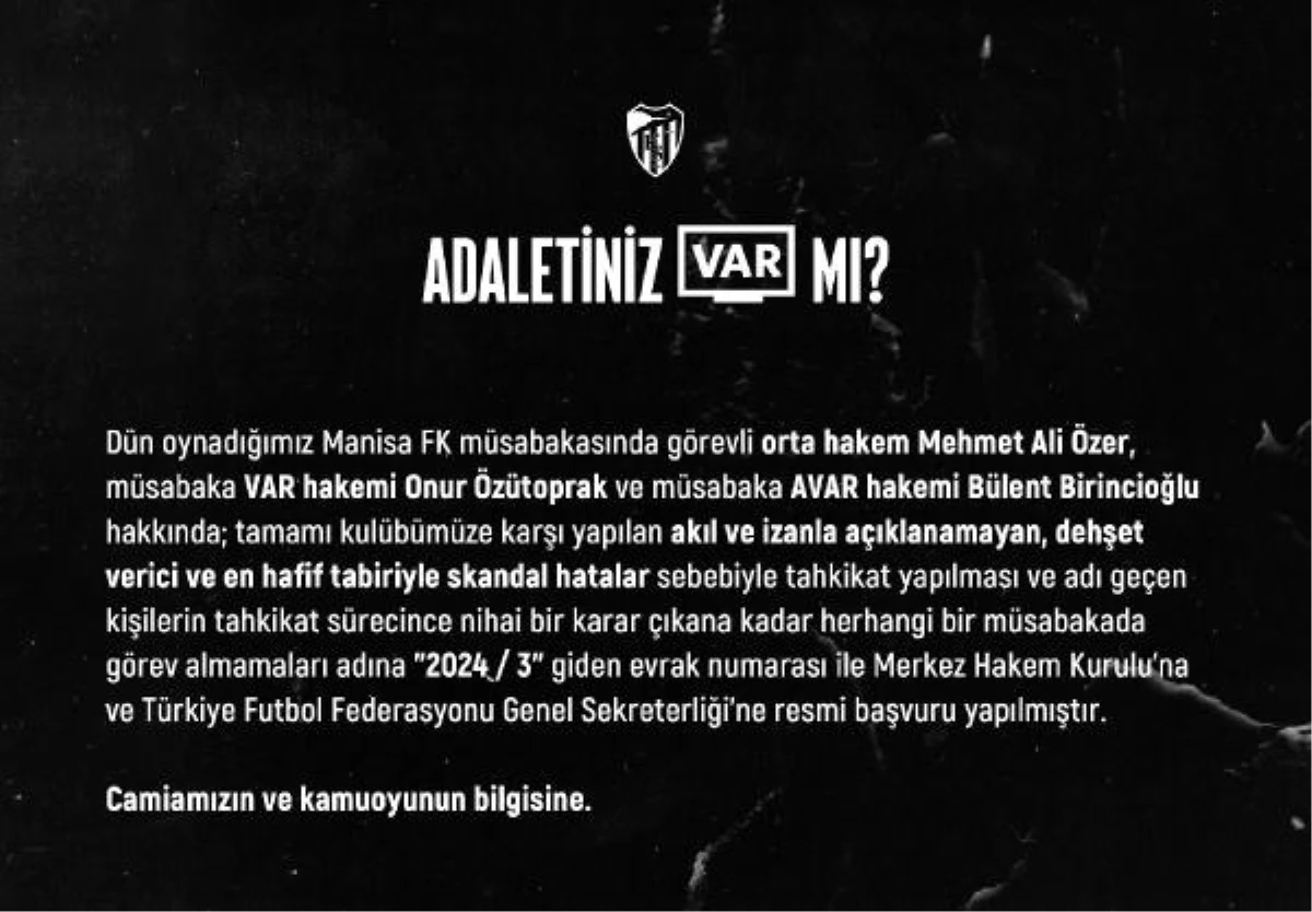 Kocaelispor, Manisa FK maçındaki hakemler hakkında tahkikat istedi