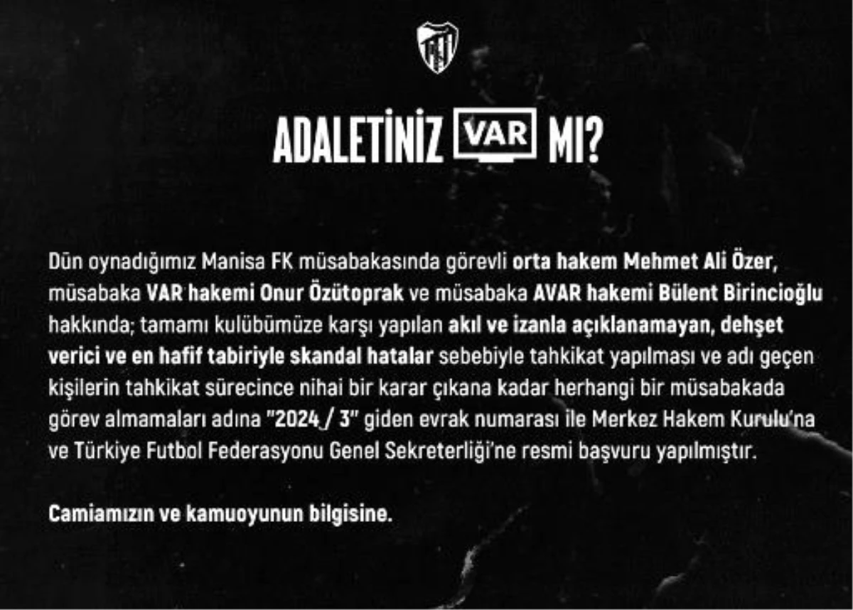 Kocaelispor, Manisa FK maçındaki hakemler hakkında tahkikat başlattı