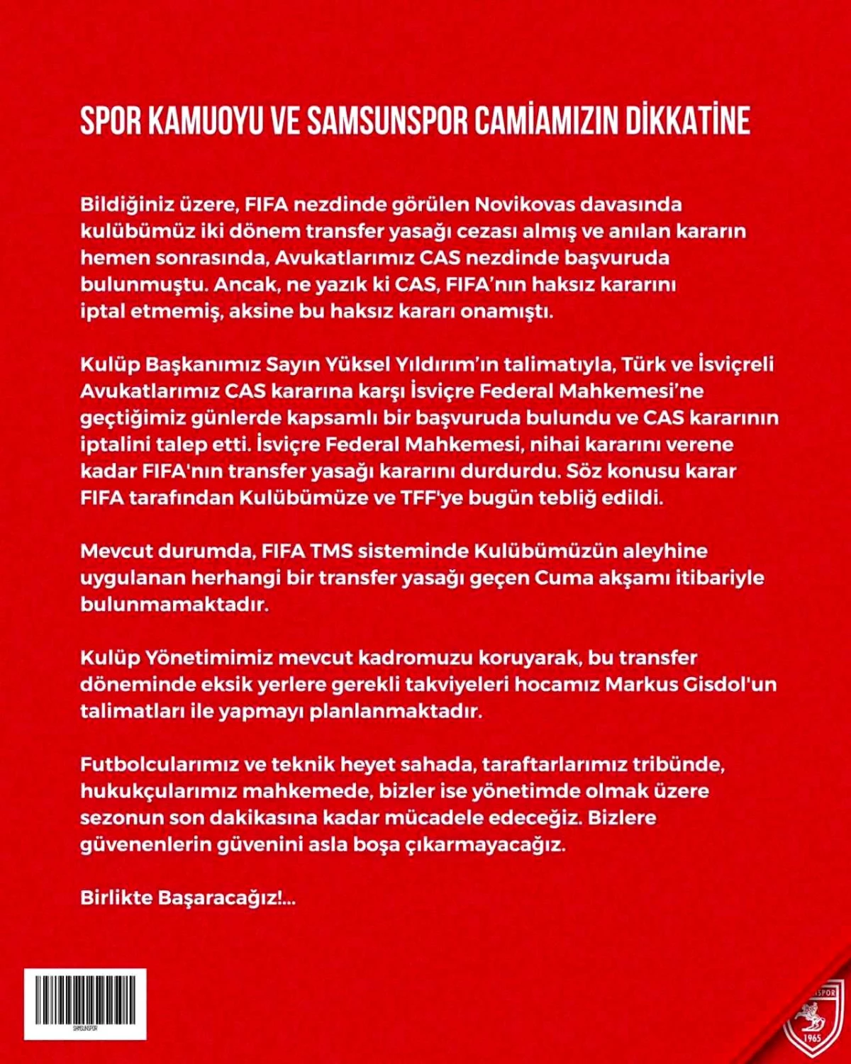 Samsunspor\'a FIFA transfer yasağı kararı durduruldu
