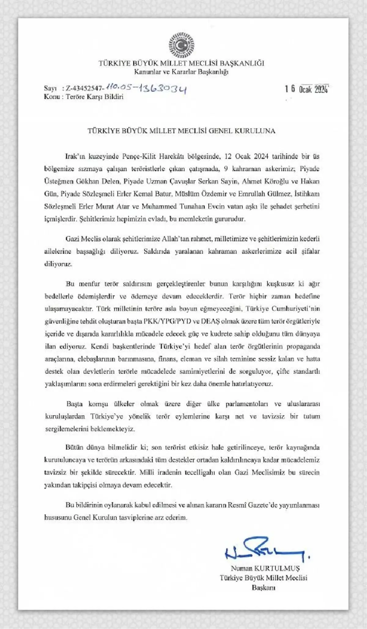 'TERÖRE KARŞI BİLDİRİ' KONULU TBMM TEZKERESİ, GENEL KURUL'DA KABUL EDİLDİ