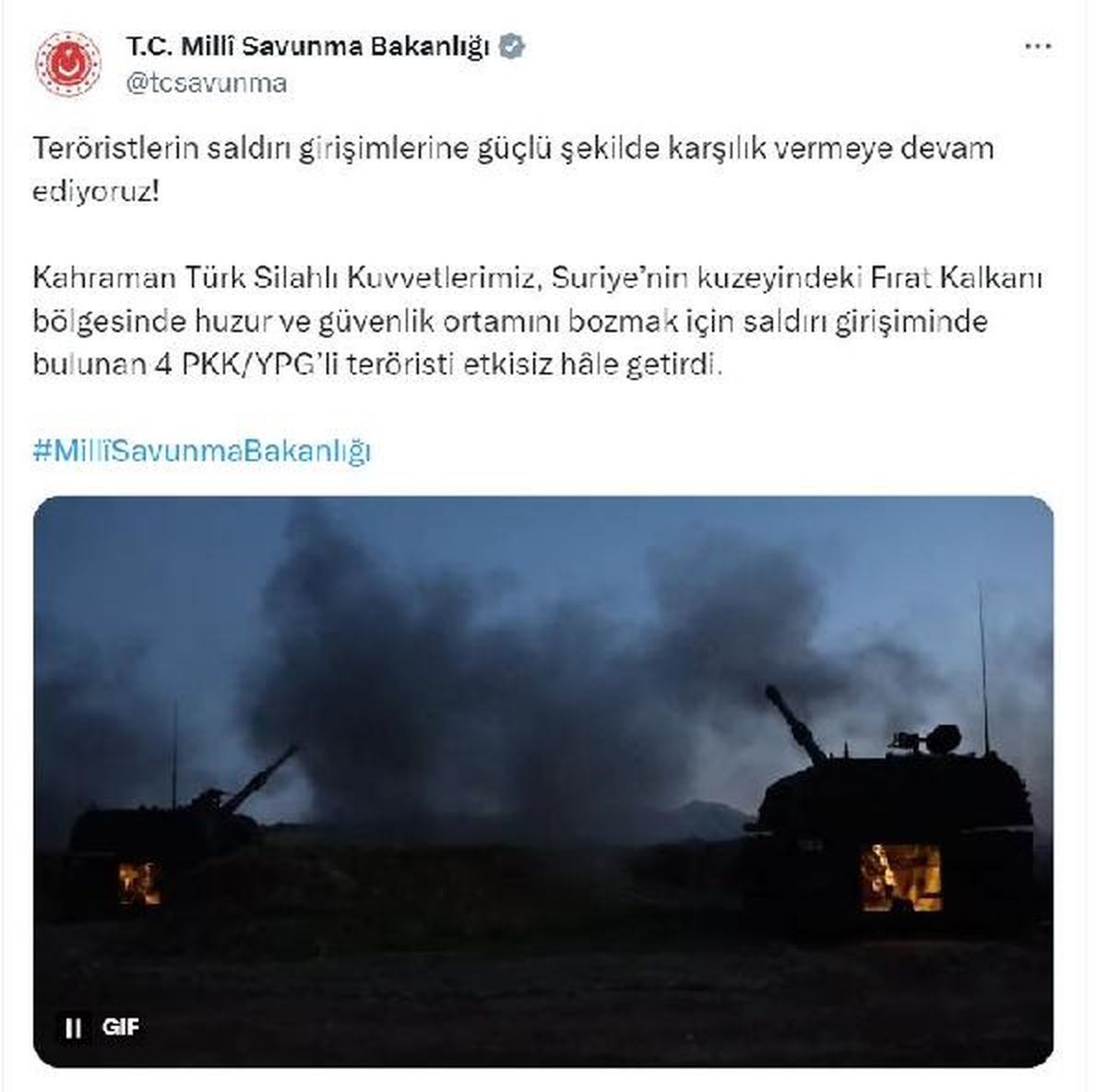 MSB: Fırat Kalkanı bölgesinde 4 PKK/YPG\'li terörist etkisiz hale getirildi