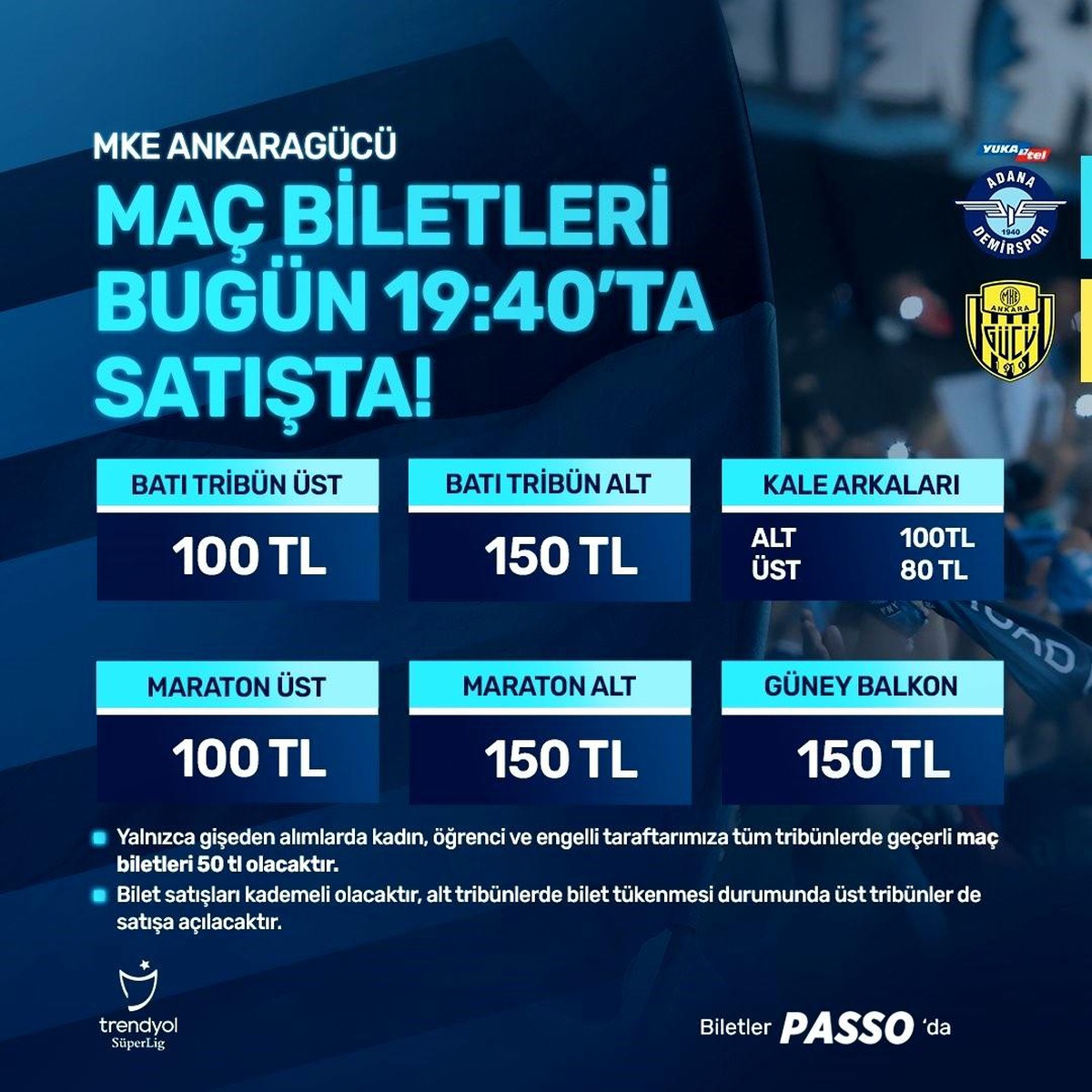 Adana Demirspor - MKE Ankaragücü maçının biletleri satışa çıkıyor