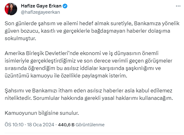 Hafize Gaye Erkan'dan babasının Merkez Bankası çalışanını işten attırdığı iddialarına yanıt
