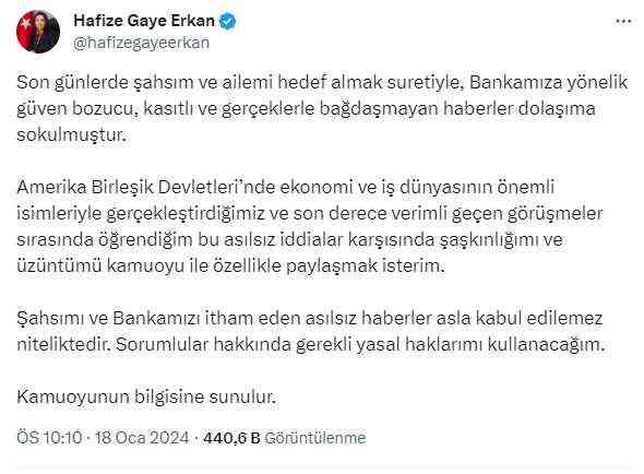 Hafize Gaye Erkan'dan babasının Merkez Bankası çalışanını işten attırdığı iddialarına yanıt