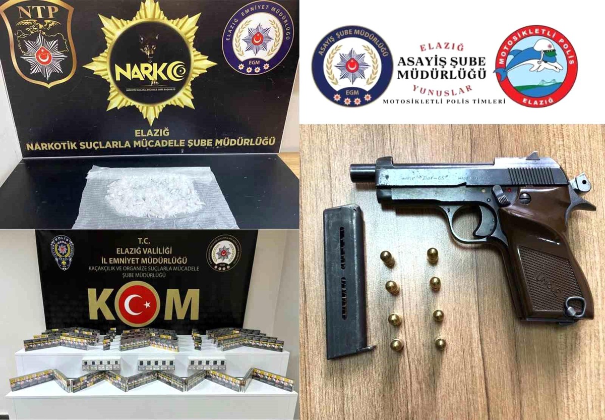 Elazığ\'da asayiş uygulamalarında uyuşturucu, kaçak sigara ve ruhsatsız silah ele geçirildi