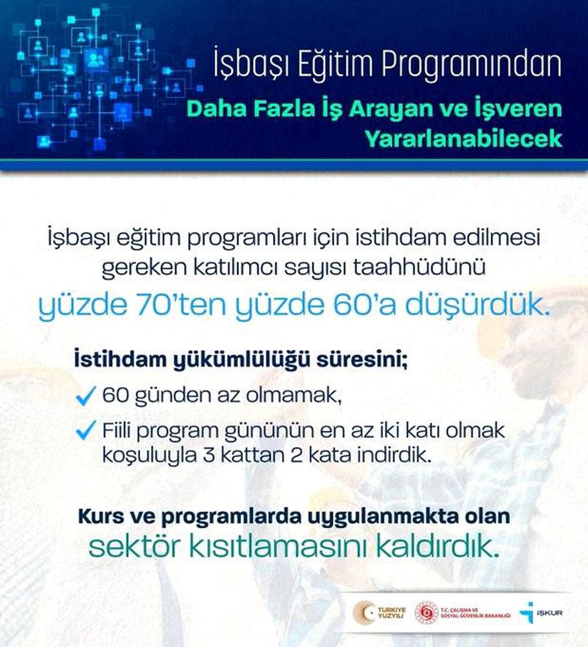 İşbaşı eğitim programları için istihdam edilmesi gereken katılımcı sayısı düşürüldü