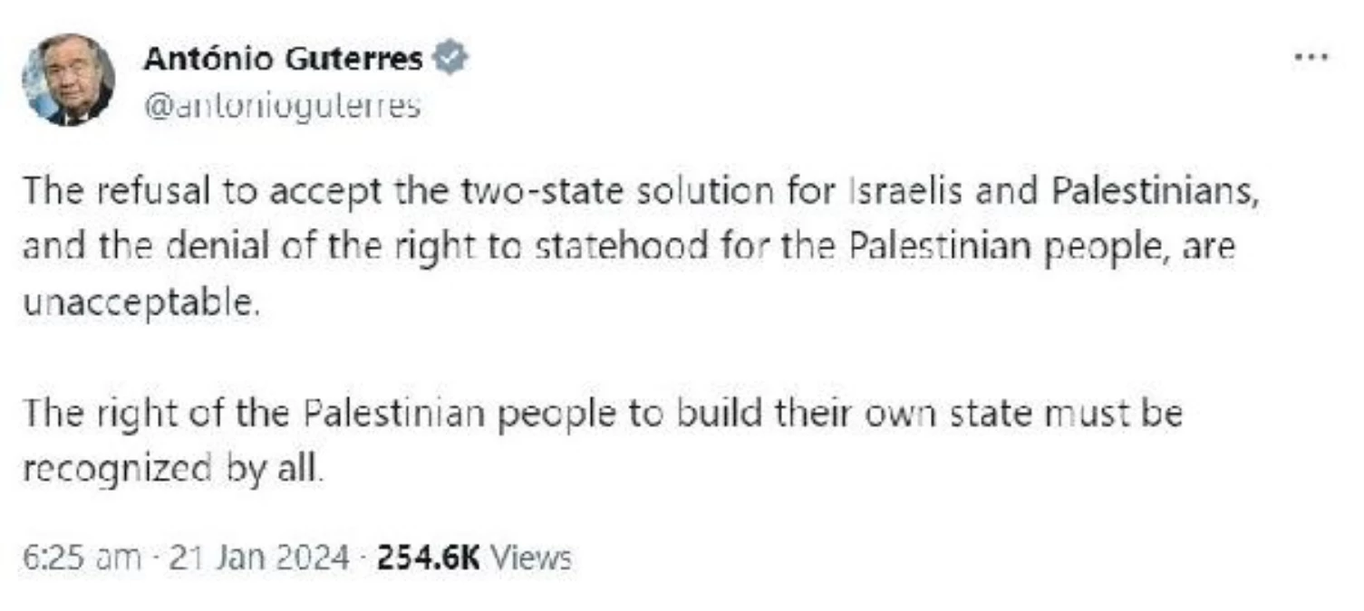 BM Genel Sekreteri: Filistin halkının kendi devletini kurma hakkı herkes tarafından tanınmalıdır