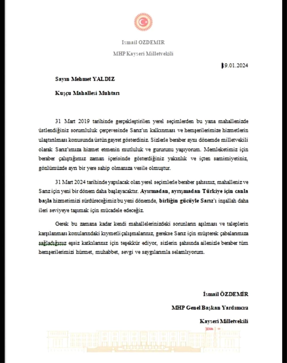MHP Genel Başkan Yardımcısı İsmail Özdemir, MHP\'li belediyelerin bulunduğu ilçelerdeki muhtarlara teşekkür mektubu gönderdi