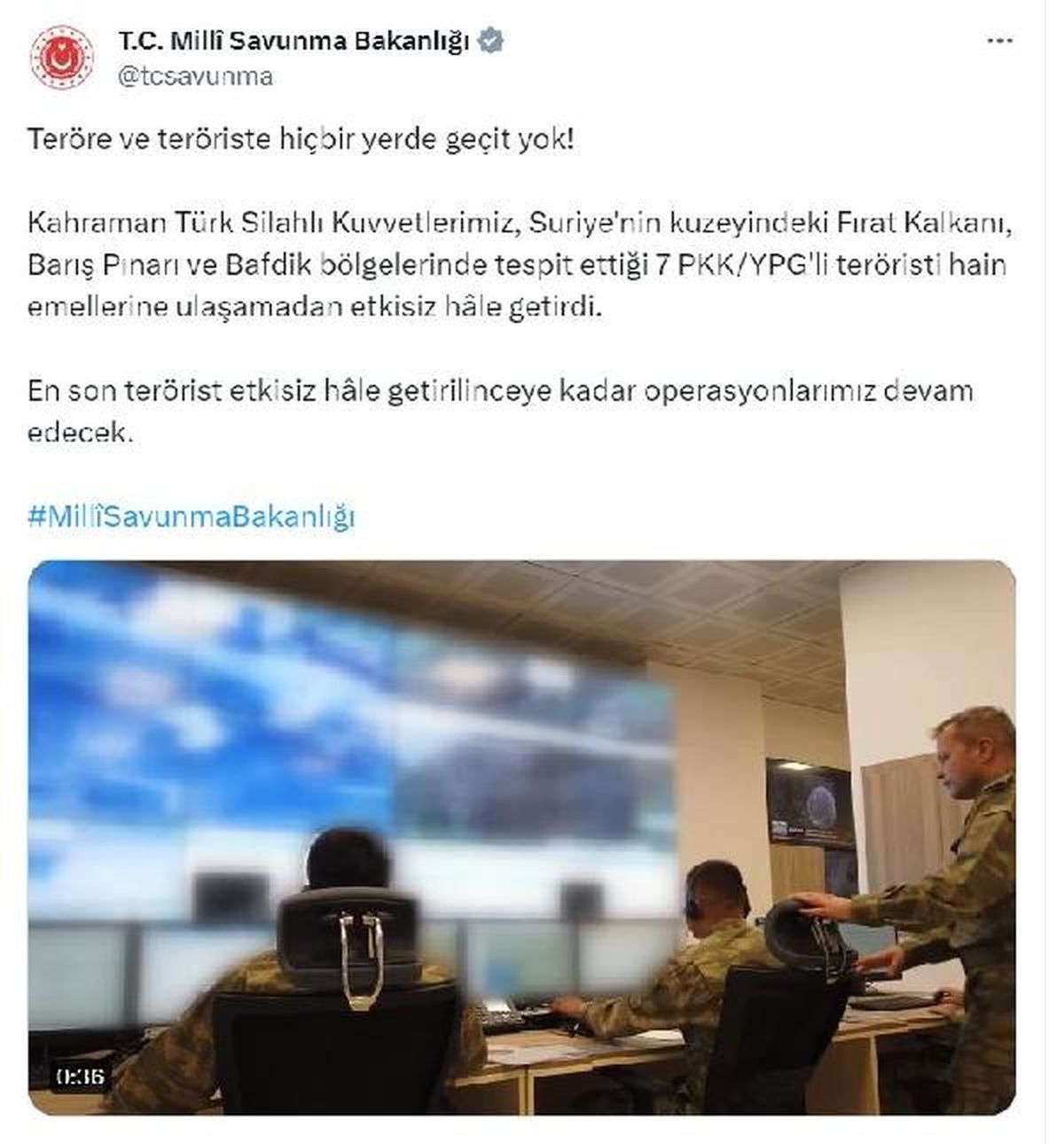 MSB: Suriye\'de 7 PKK/YPG\'li terörist etkisiz hale getirildi
