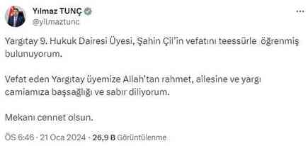 Yargıtay 9. Hukuk Dairesi Üyesi Şahin Çil hayatını kaybetti Yargıtay 9. Hukuk Dairesi Üyesi Şahin Çil hayatını kaybetti
