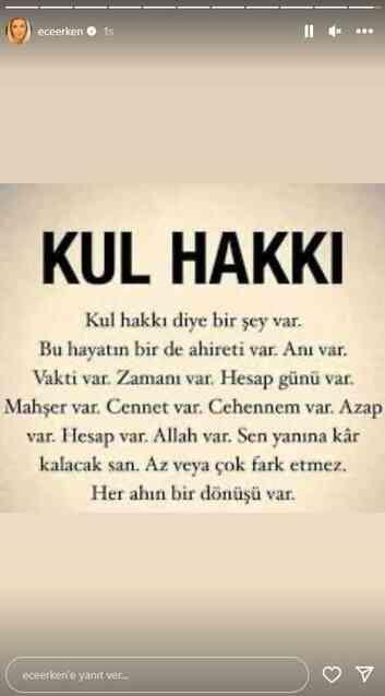 Kararın açıklanmasının ardından Ece Erken'den dikkat çeken paylaşımlar: Kul hakkı diye bir şey var