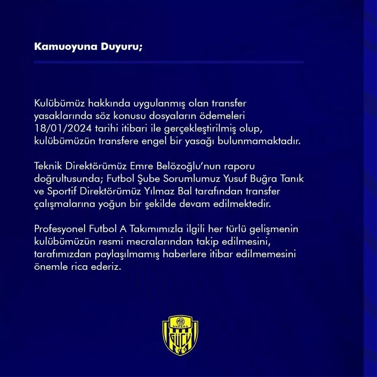 MKE Ankaragücü, transfer yasağı kalktı