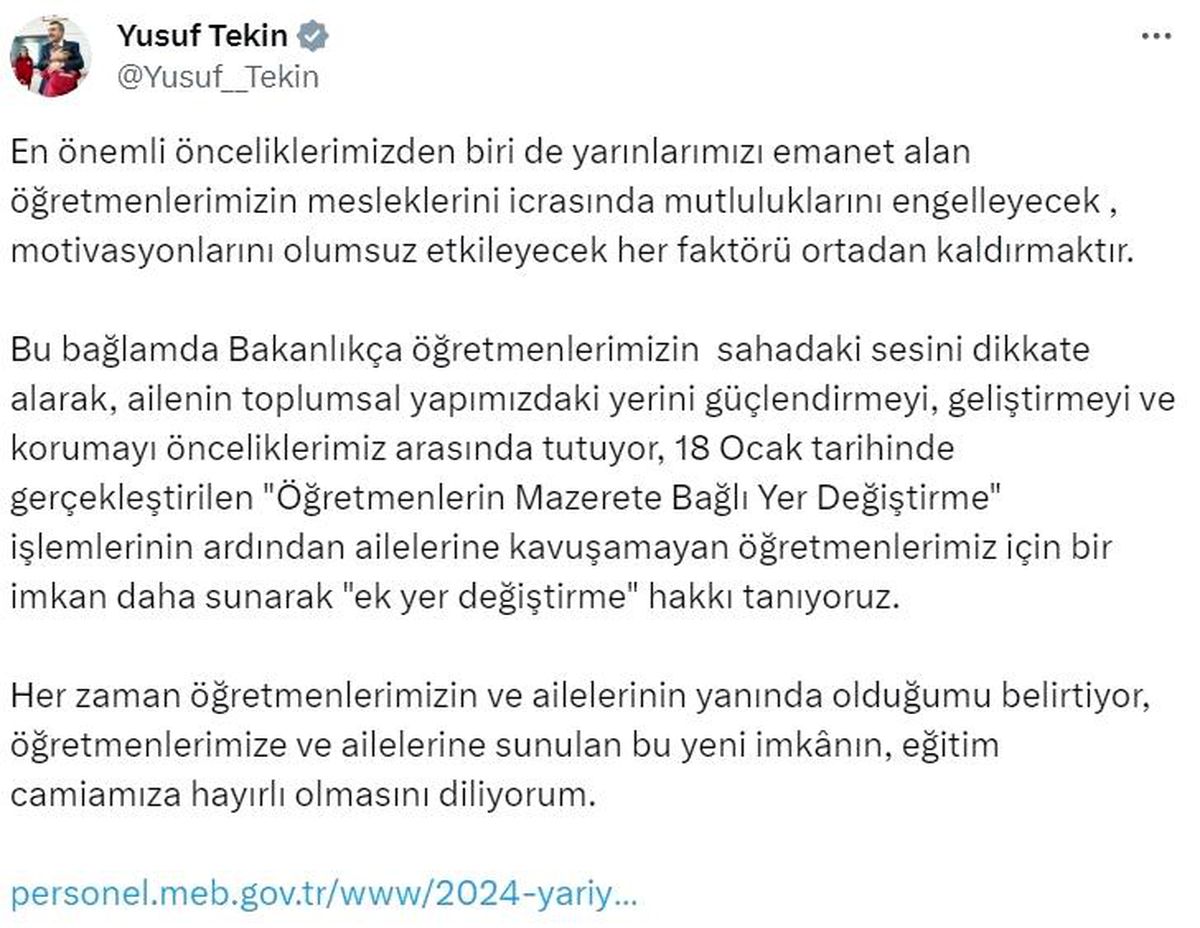 Milli Eğitim Bakanı, ailelerine kavuşamayan öğretmenlere ek yer değiştirme hakkı tanıyor