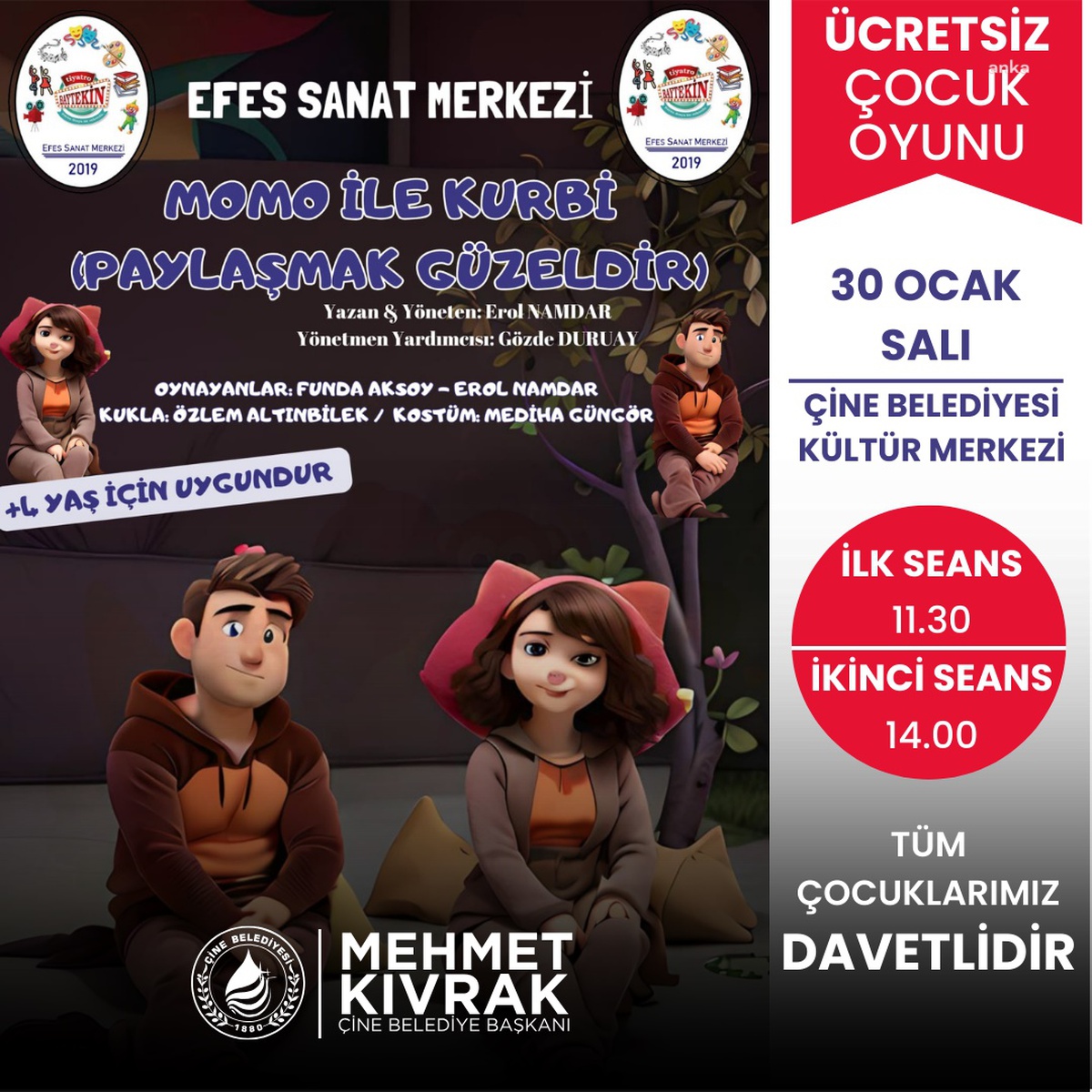 Çine Belediyesi, çocukları \'Momo ile Kurbi\' adlı tiyatro oyunuyla buluşturacak