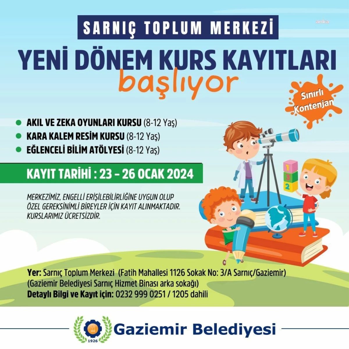 Gaziemir Belediyesi Sarnıç Toplum Merkezi\'nde çocuklar için akıl ve zeka oyunları, karakalem resim kursu ve bilim atölyesi düzenliyor