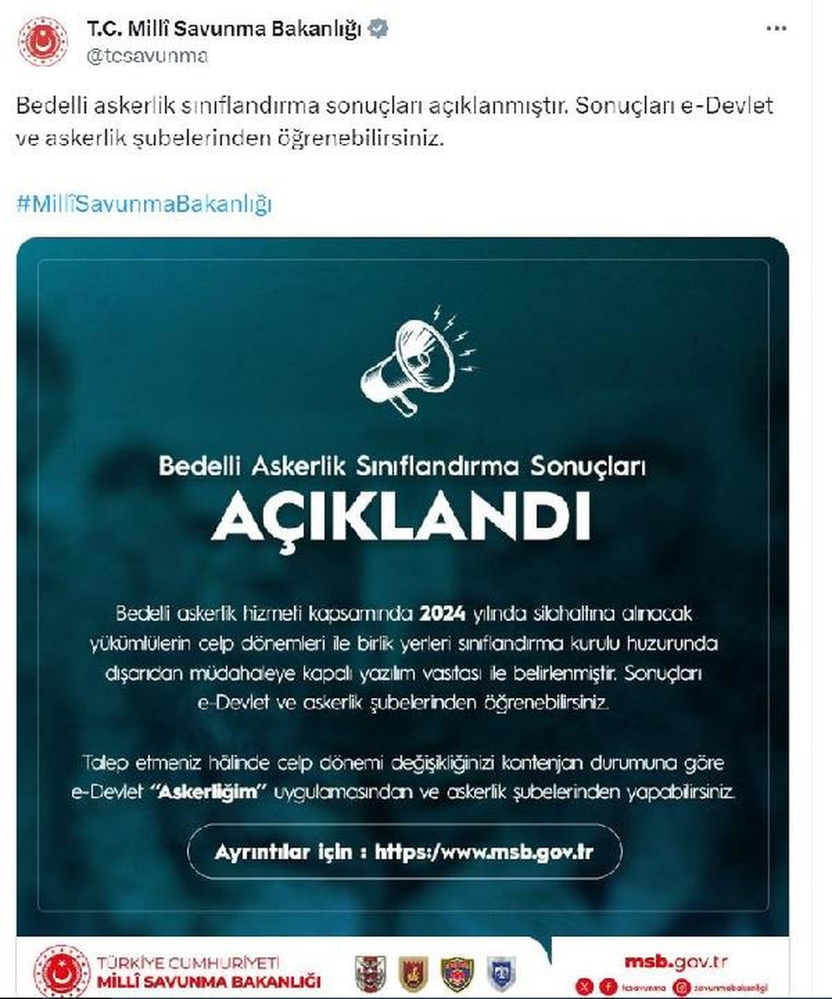 MSB, Bedelli Askerlik Sınıflandırma Sonuçlarını Açıkladı