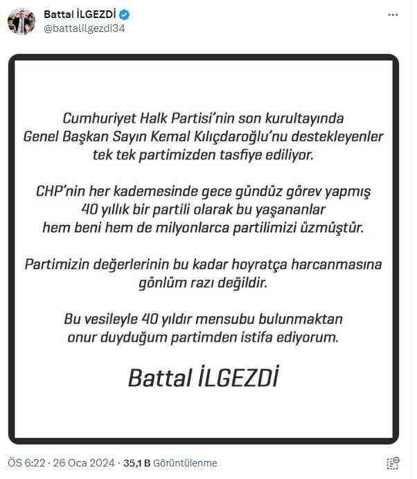 Ataşehir Belediye Başkanı Battal İlgezdi, CHP'den istifa etti