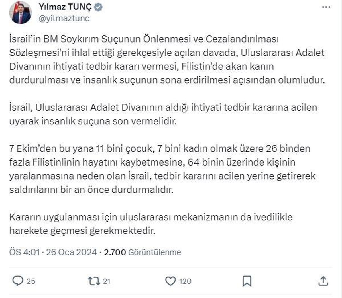 Adalet Bakanı Yılmaz Tunç: İsrail, insanlık suçuna son vermelidir