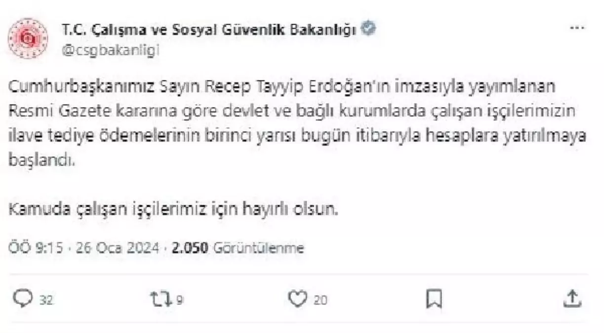 Kamuda çalışan işçilere ilave tediye ödemeleri başladı