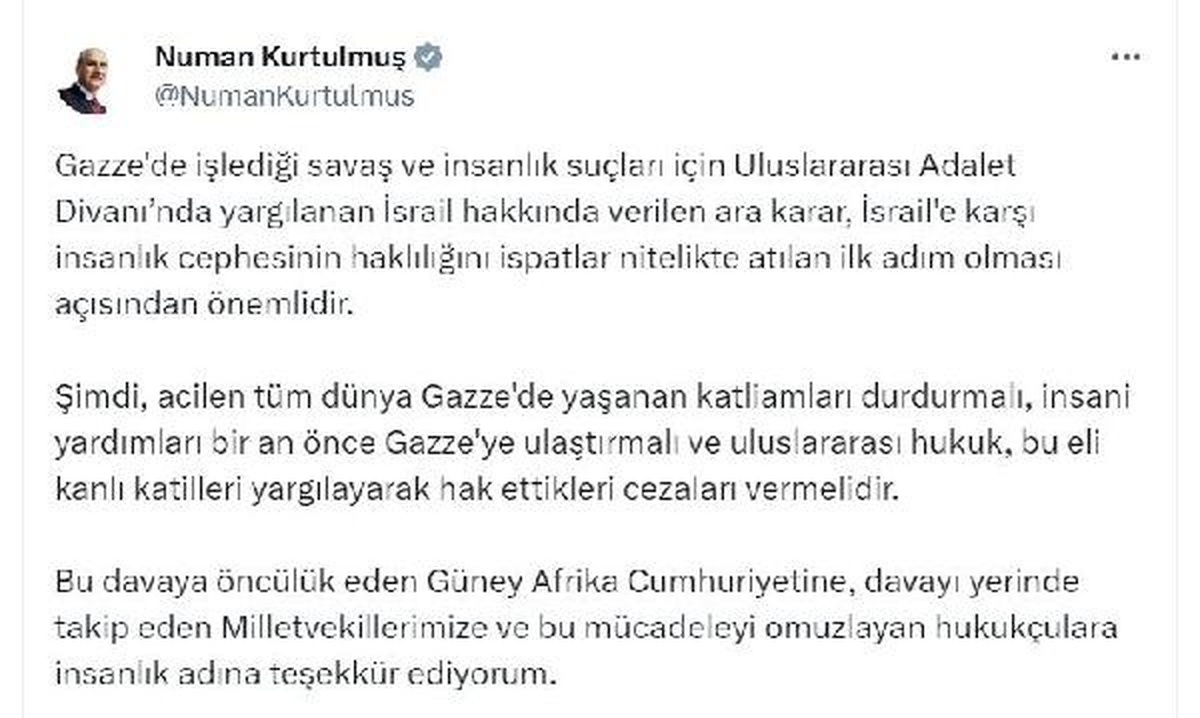 TBMM Başkanı Numan Kurtulmuş: İsrail\'e karşı adalet sağlanmalı