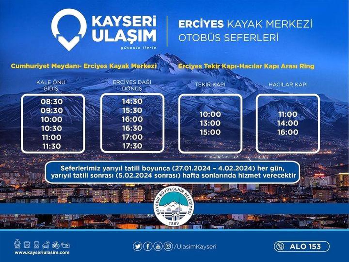 Erciyes Kayak Merkezi\'ne Yarıyıl Tatili Otobüs Seferleri